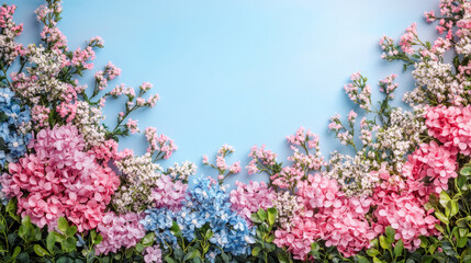 Obraz premium Elegant Spring Blossom Floral Frame with Pastel Pink White and Blue Flowers on Light Blue Background for Spring Greeting Card and Invitation