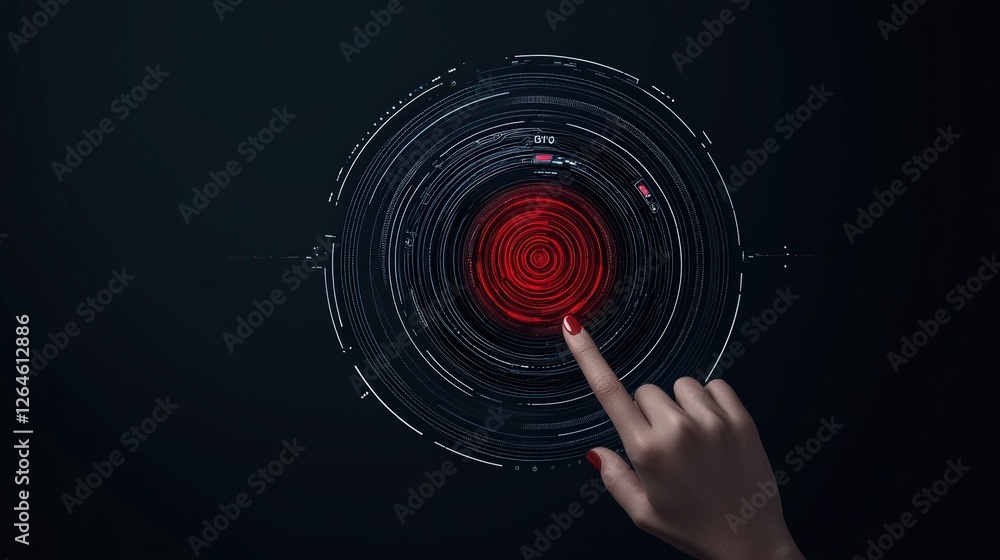 Poster engaging digital interface with red and black circular design