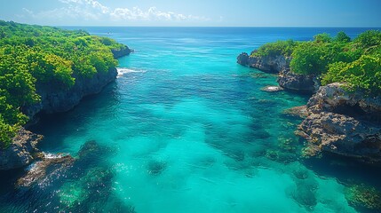Fototapeta premium Secret Lagoon Paradise: An aerial view of a hidden turquoise lagoon nestled between lush green cliffs, revealing crystal-clear waters teeming with vibrant marine life. Perfect for travel, vacation.