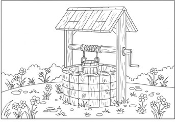 Black and white old wooden well coloring page, standard print size