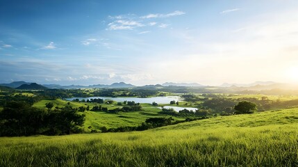 Obraz premium Serene Summer Landscape with a Sunlit Lake and Rolling Green Hills
