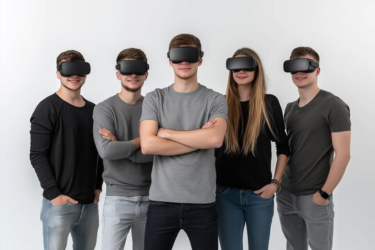 A group of friends, all wearing VR glasses, posing as if in the middle of a multiplayer VR adventure, on plain background
