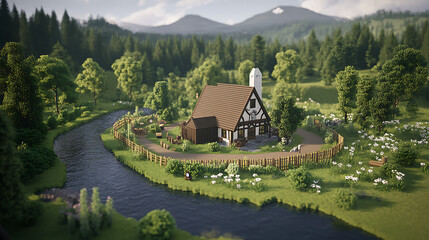 Fototapeta premium Tranquil Riverside Cottage Retreat Surrounded by Nature