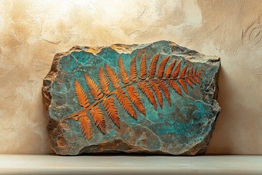 A fossilized fern leaf embedded in a teal and brown rock, a testament to ancient life.
