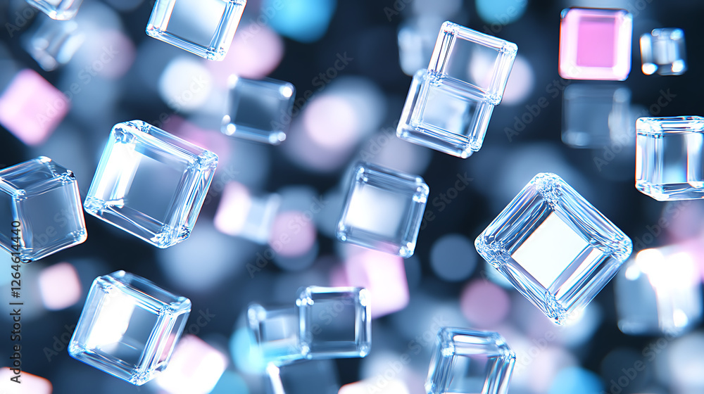 Poster translucent floating cubes in a digital dreamscape of pink and blue bokeh abstract geometry