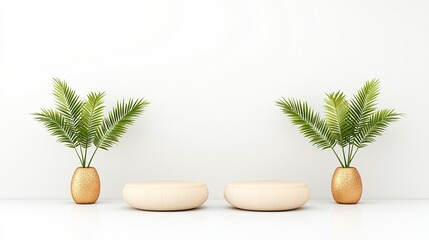 Modern interior design featuring two round wooden stools and potted palm plants against a white wall