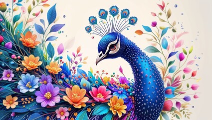 Vibrant peacock illustration with colorful flowers and foliage against light background