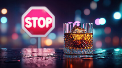 Whiskey glass with stop sign at night. Drunk driving awareness campaign
