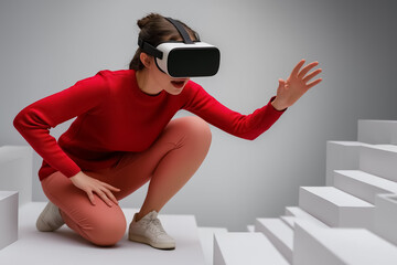 A person wearing VR glasses, dramatically crouching as if sneaking through a virtual maze, on plain background