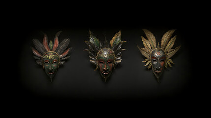 Tribal Mask Collection Three Artifacts Adorned with Feathers Vintage Ethnic Art and Cultural Heritage