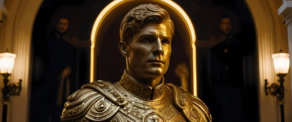 Obraz premium A guardsman statue fashioned from gold standing sentinel before an opulent entrance adding a regal touch to a luxurious estate scene