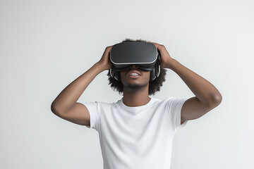 A tech enthusiast wearing VR glasses, adjusting the straps with anticipation before a gaming session, on plain background