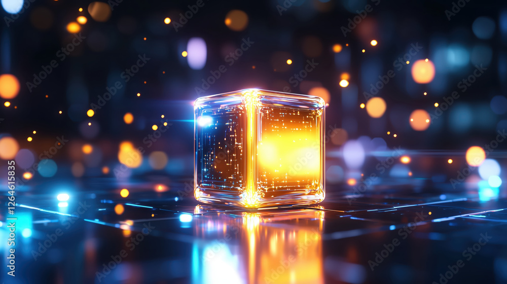 Wall mural glowing cube with bokeh lights on reflective surface. future technology