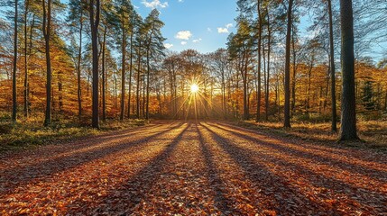 Fototapeta premium Autumnal Forest Path at Sunset: A Serene Landscape
