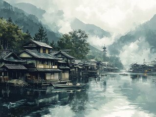 Fototapeta premium Interesting drawing. traditional Japanese landscape, with lots of Japanese symbols. Generative Ai