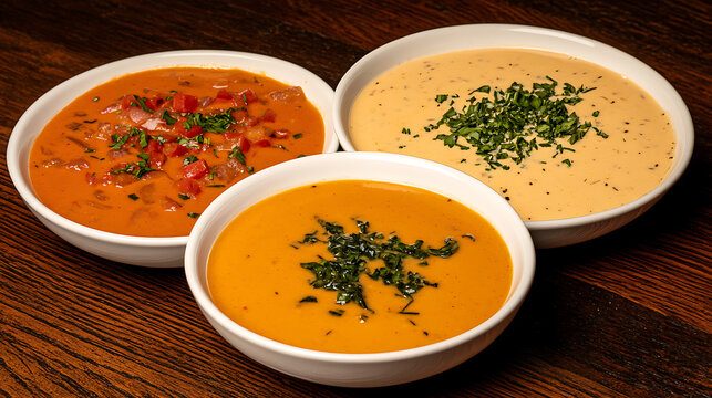 Trio of Creamy Soups Displayed on a Rustic Wooden Table Top Culinary Delights Showcase