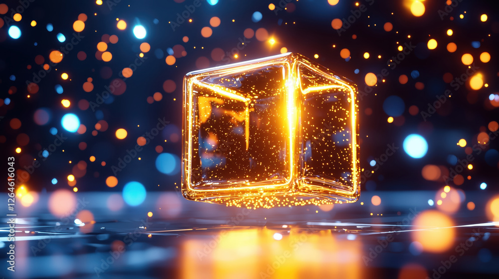 Wall mural floating light cube with particles on dark background. blockchain concept