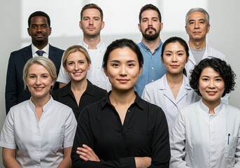 Diverse Team of Professionals in Healthcare and Business Attire, Smiling Group Portrait