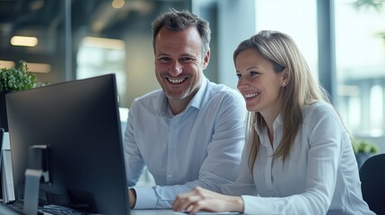 Obraz premium Smiling business professionals collaborating on a computer in a modern office