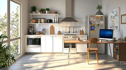 Modern Bright Kitchen Interior with Open Layout and Contemporary Decor Elements