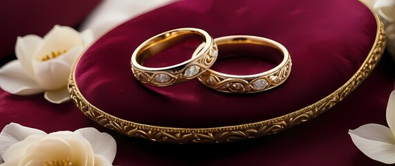 A pair of golden wedding rings resting on an ornate velvet cushion surrounded by delicate petals that enhance their beauty and significance