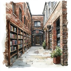 Watercolor painting of a mysterious alleyway with an old bookstore tucked between brick walls, on isolated