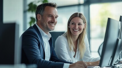 Fototapeta premium Smiling business professionals collaborating on a computer in a modern office