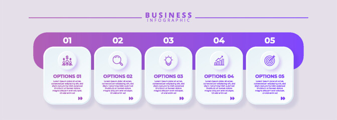 Infographic template featuring 5 steps with icons, designed for business concepts. Ideal for presentations, banners, workflow layouts, process diagrams, flowcharts, and data visualization.	