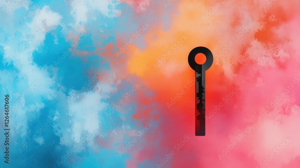 Poster a colorful background with a black and white key on it. the key is in the middle of the background