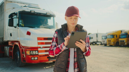 Camera moving around attractive Caucasian woman with blond hair. Woman holding tablet device while looking around. Entering information online. Talking with company supply chain management.