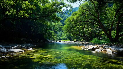Obraz premium Sunlit Green River Flowing Through Lush Forest Landscape