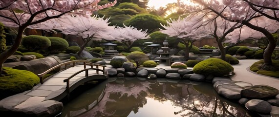 A tranquil Japanese tea garden featuring cherry blossoms stone pathways and serene koi ponds evoking peace and reflection