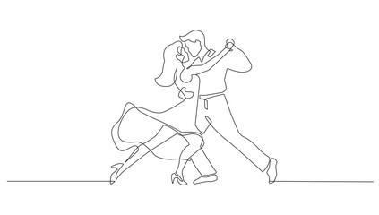 Woman and Man Dancing Couple One Line Drawing. Vector Dancer Continuous Contour Line Art. Dance Concept Outline Illustration Black Sketch Isolated on White Background for Minimalist Design 