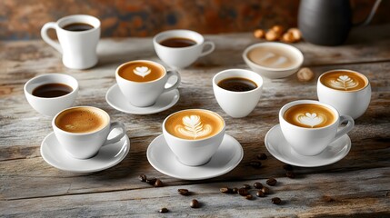 A beautiful assortment of coffee cups showcasing various styles and latte art on a rustic wooden table.