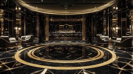 Luxurious black gold bar, yacht interior, circular floor, night