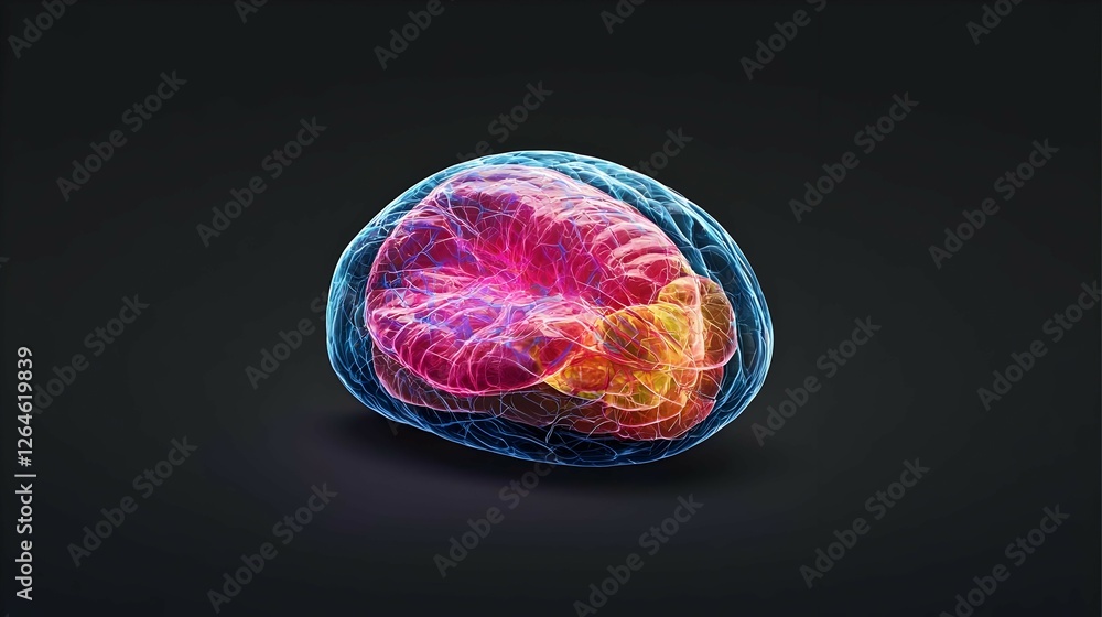 Poster abstract polygonal brain: glowing neural network in dark background