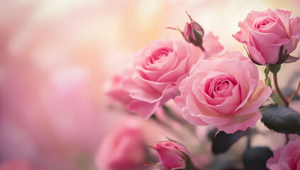 Pink roses on a soft pastel-colored background, close-up view. This design would work well as wallpaper or a backdrop for Valentine's Day cards, wedding photography, or fashion designs.