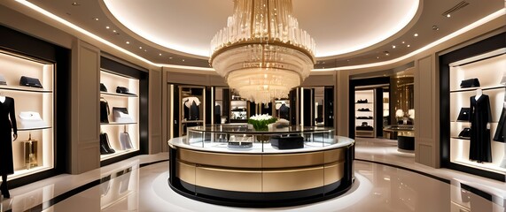 An extravagant interior of a high end boutique filled with luxurious merchandise allowing customers to indulge in opulence and style all around
