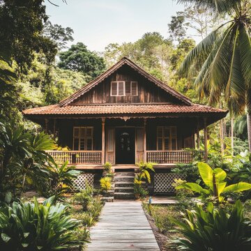 Traditional Malay kampung house in lush tropical setting