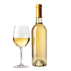 Fototapeta premium Elegant white wine bottle beside a glass of fresh white wine, isolated on a clean white background, perfect for culinary themes