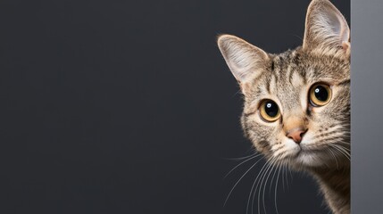 Curious tabby cat peeking around a corner with a dark background