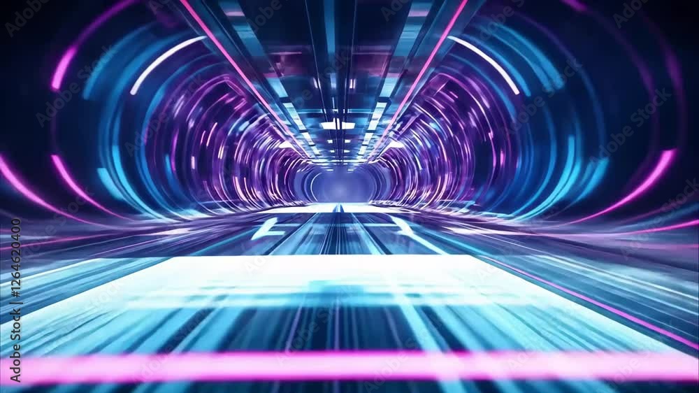 Poster a vibrant, futuristic tunnel with dynamic lines and glowing lights, creating a sense of speed and mo