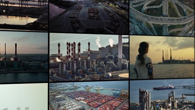 Video collage of industrial landscapes of various plants. Power plants, new factories, roads and ports, urban air pollution. High quality 4k footage