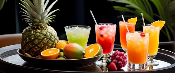 An inviting tray of exquisite cocktails garnished with tropical fruits symbolizing leisure and indulgent enjoyment in a luxurious setting