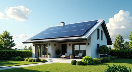House with Solar Panels on Rooftop - Renewable, sustainable, green and clean energy concept