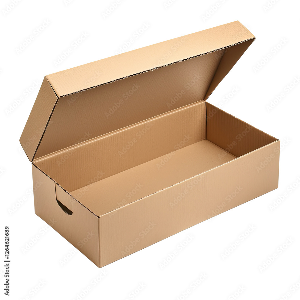 Poster empty cardboard box with open lid, showcasing interior space for storage and organization, isolated 