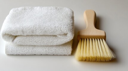 A bath scrub brush placed neatly beside a folded white towel.