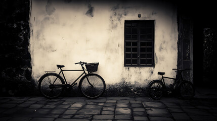 Two Bicycles Silhouetted Against an Old Weathered Building Facade with Window in Sepia Tone Photography