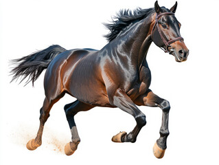 Obraz premium Powerful black horse galloping in the sandy arena with a flowing mane against a white background