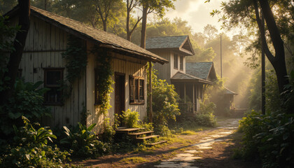 Tropical eco-lodge nestled in dense green jungle with cozy wooden cottages, palm trees, and a sunlit pathway leading to a peaceful and secluded nature retreat